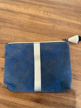 Navy Suede  Clutch with Metallic Silver Center Stripe